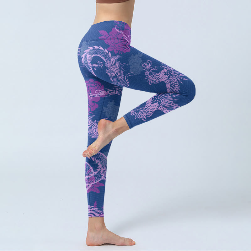 Nimara Ritual Purple Dragon Phoenix Flowers Print Gym Leggings Women's Yoga Pants