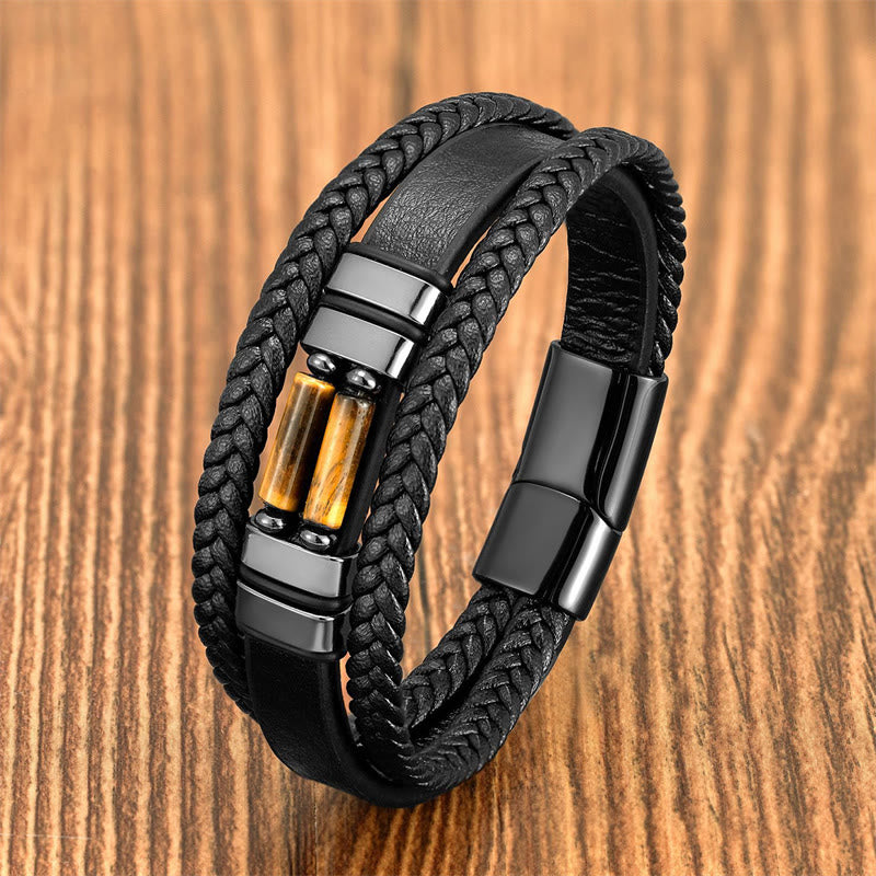 Nimara Ritual Tiger Eye Lazurite Hematite Picture Jasper Black Onyx Strength Multi-layer Leather Bracelet