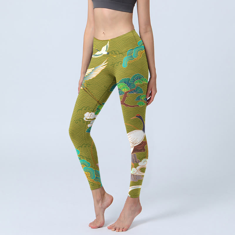 Nimara Ritual Flying Cranes Auspicious Clouds Trees Print Gym Leggings Women's Yoga Pants