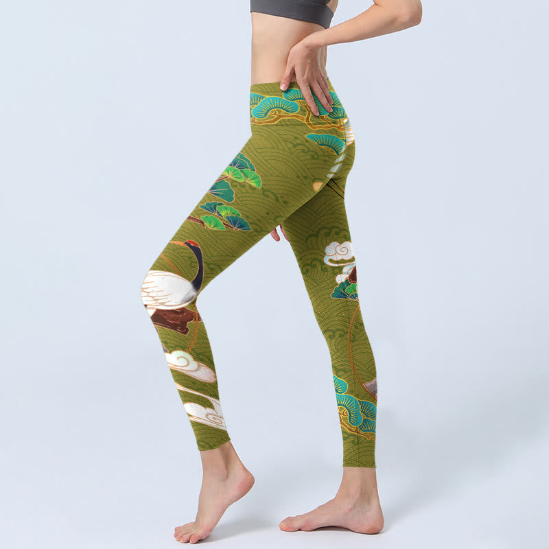 Nimara Ritual Flying Cranes Auspicious Clouds Trees Print Gym Leggings Women's Yoga Pants
