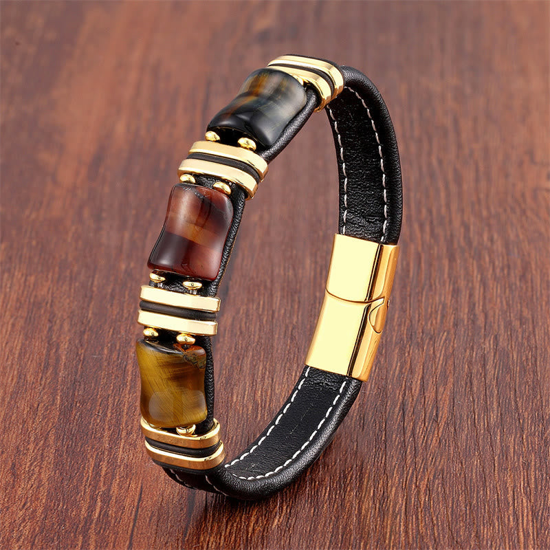 Nimara Ritual Tiger Eye Three Bamboo Stone Protection Power Leather Bracelet
