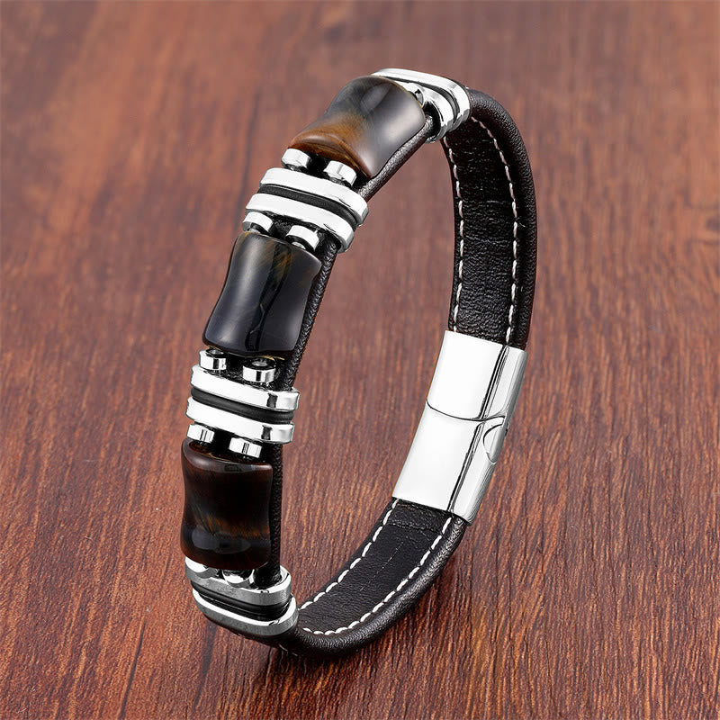 Nimara Ritual Tiger Eye Three Bamboo Stone Protection Power Leather Bracelet