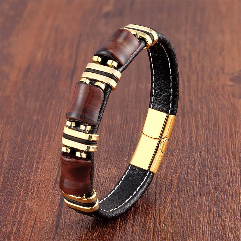 Nimara Ritual Tiger Eye Three Bamboo Stone Protection Power Leather Bracelet
