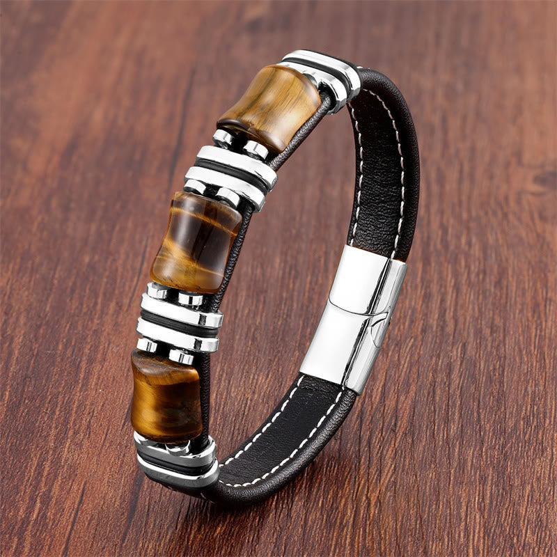 Nimara Ritual Tiger Eye Three Bamboo Stone Protection Power Leather Bracelet