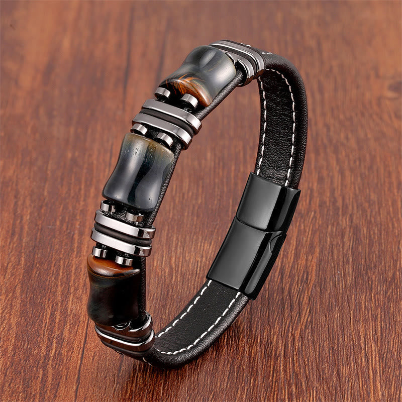 Nimara Ritual Tiger Eye Three Bamboo Stone Protection Power Leather Bracelet