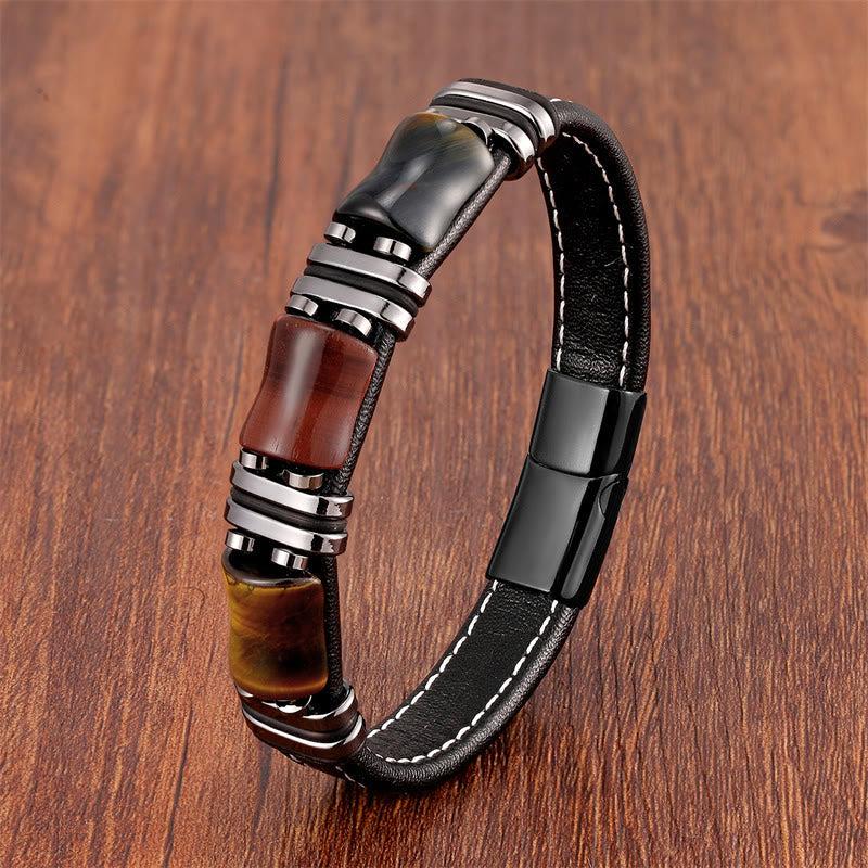 Nimara Ritual Tiger Eye Three Bamboo Stone Protection Power Leather Bracelet