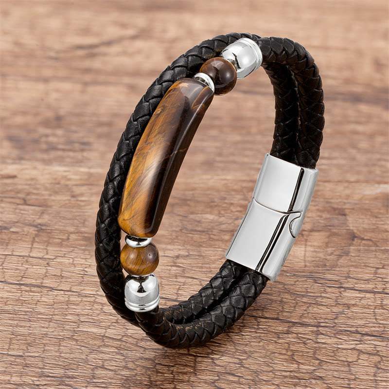 Nimara Ritual Green Aventurine Tiger Eye Green Agate Black Onyx Hematite Stone Luck Leather Magnetic Buckle Bracelet