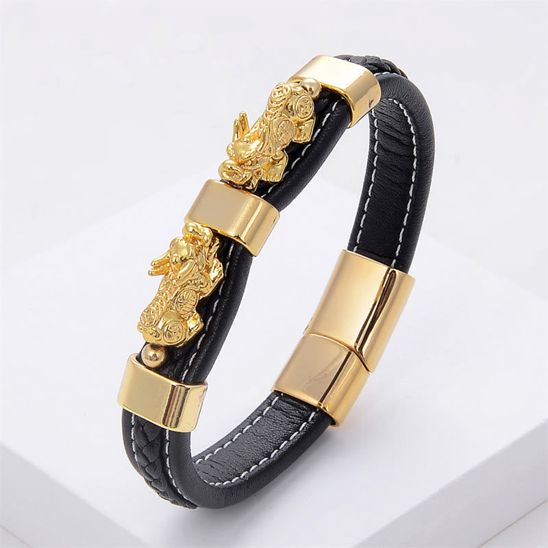 Nimara Ritual Double PiXiu Wealth Luck Leather Magnetic Buckle Bracelet