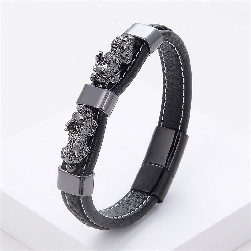 Nimara Ritual Double PiXiu Wealth Luck Leather Magnetic Buckle Bracelet
