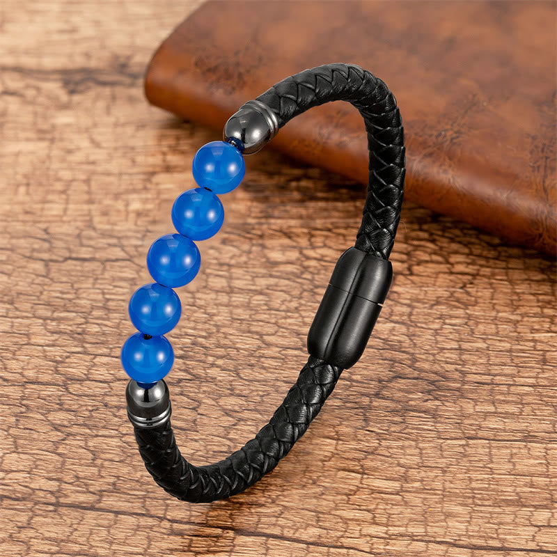 Nimara Ritual Blue Agate Tiger Eye Lava Rock Black Onyx Lazurite Bead Protection Leather Bracelet