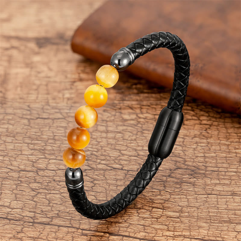 Nimara Ritual Blue Agate Tiger Eye Lava Rock Black Onyx Lazurite Bead Protection Leather Bracelet