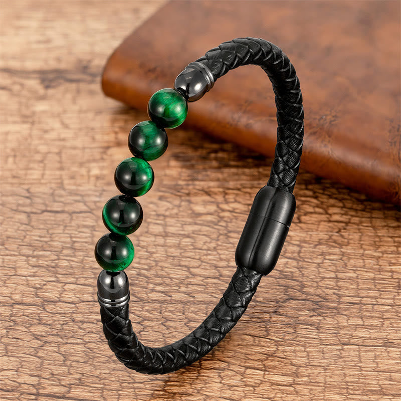 Nimara Ritual Blue Agate Tiger Eye Lava Rock Black Onyx Lazurite Bead Protection Leather Bracelet