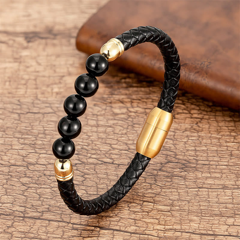 Nimara Ritual Blue Agate Tiger Eye Lava Rock Black Onyx Lazurite Bead Protection Leather Bracelet