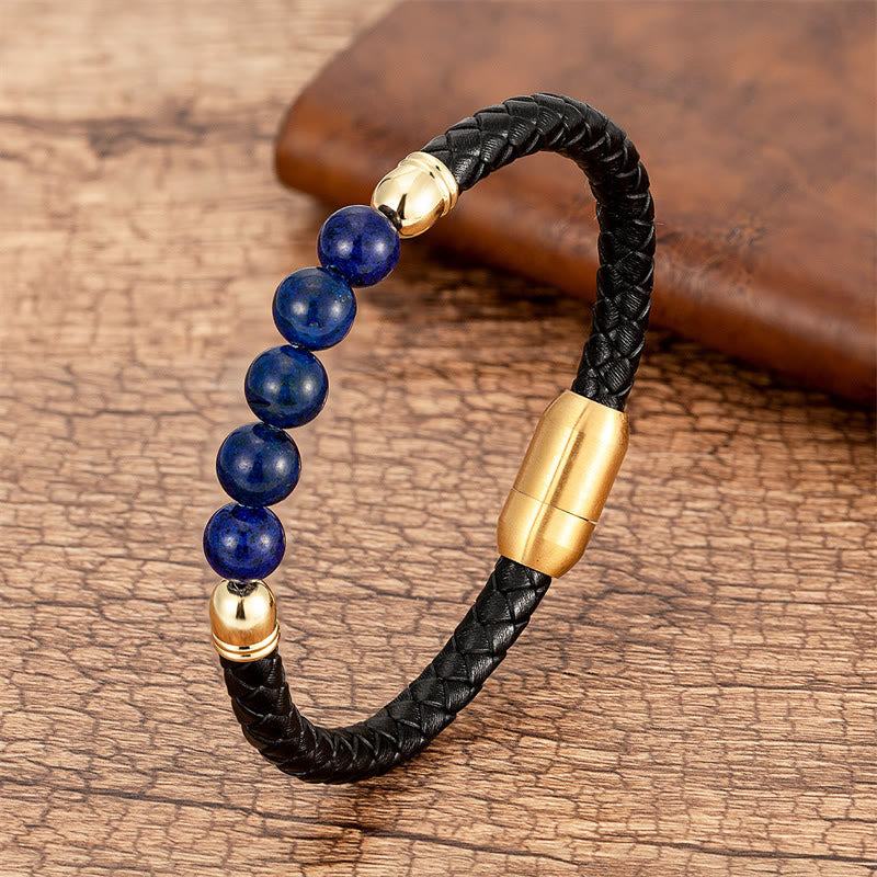 Nimara Ritual Blue Agate Tiger Eye Lava Rock Black Onyx Lazurite Bead Protection Leather Bracelet
