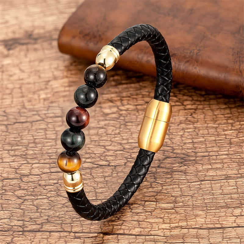 Nimara Ritual Blue Agate Tiger Eye Lava Rock Black Onyx Lazurite Bead Protection Leather Bracelet