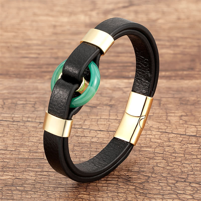 Nimara Ritual Round Green Aventurine Black Onyx Hematite Agate Rose Quartz Stone Balance Leather Magnetic Buckle Bracelet