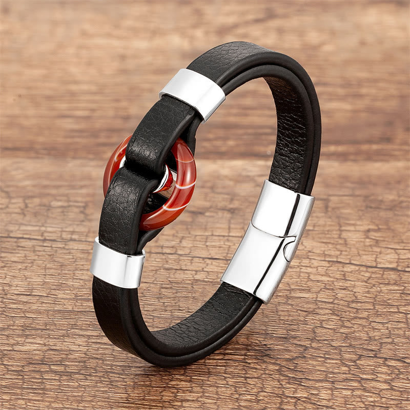 Nimara Ritual Round Green Aventurine Black Onyx Hematite Agate Rose Quartz Stone Balance Leather Magnetic Buckle Bracelet