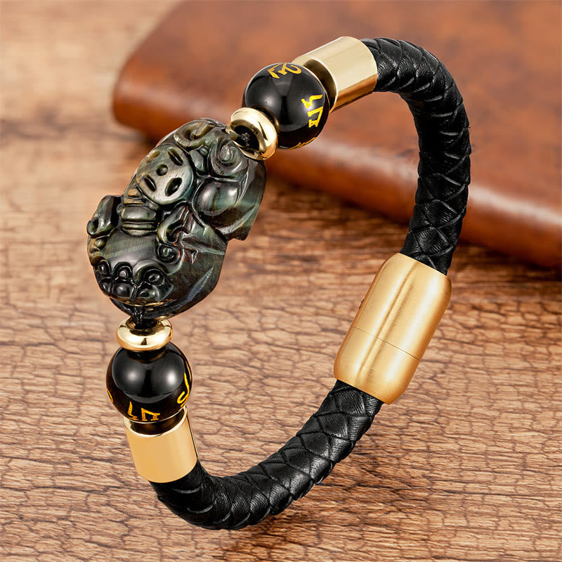 Nimara Ritual Tiger Eye Black Onyx Red Agate PiXiu Copper Coin Om Mani Padme Hum Strength Leather Bracelet