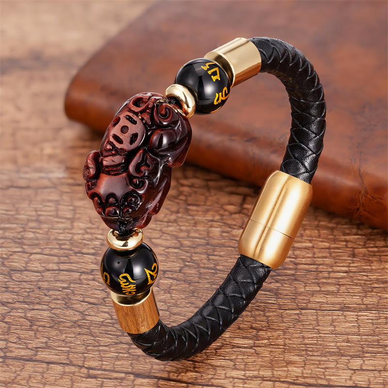 Nimara Ritual Tiger Eye Black Onyx Red Agate PiXiu Copper Coin Om Mani Padme Hum Strength Leather Bracelet