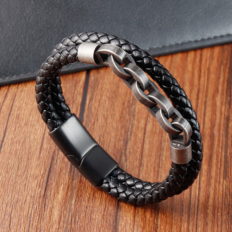 Nimara Ritual Chain Design Titanium Steel Balance Leather Braided Buckle Bracelet