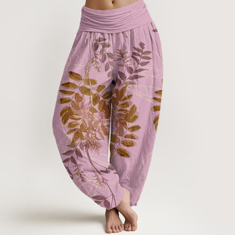 Nimara Ritual Cotton Green Leaves Branches Women's Elastic Waist Harem Pants
