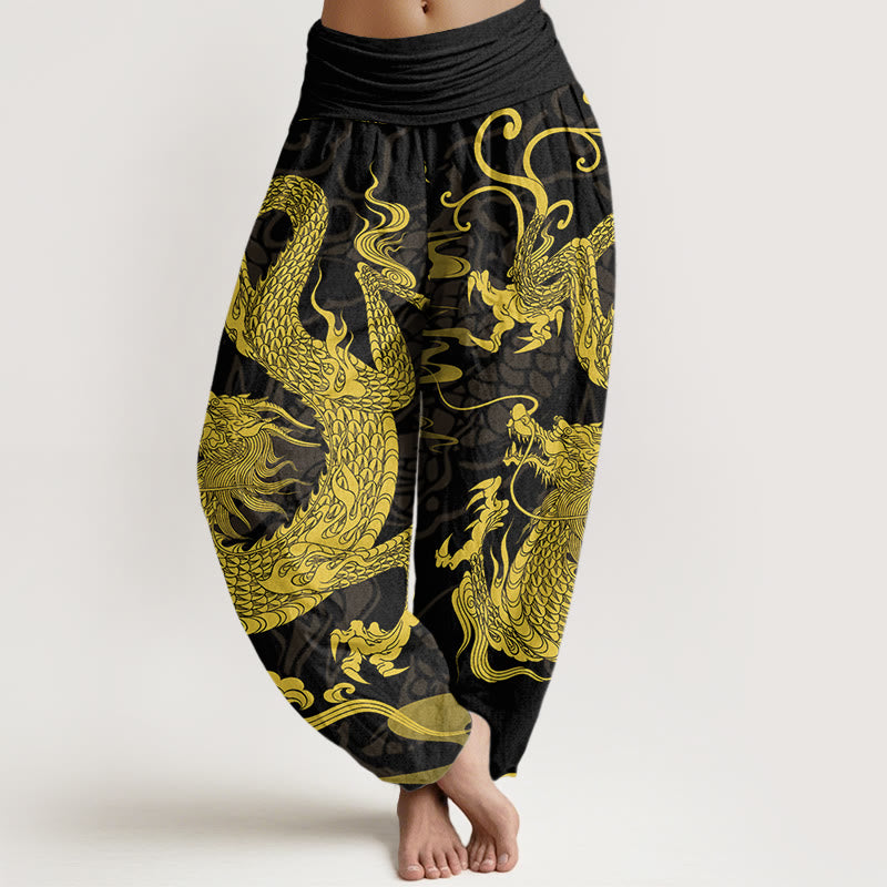 Nimara Ritual Cotton Dragon Auspicious Clouds Women's Elastic Waist Harem Pants