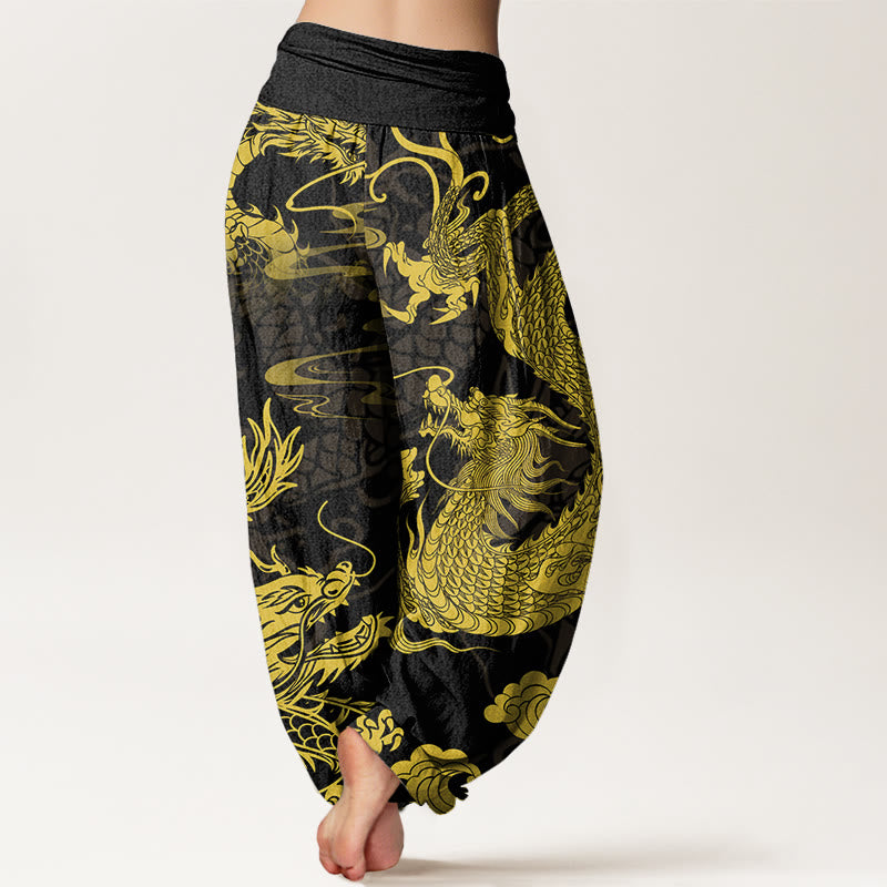 Nimara Ritual Cotton Dragon Auspicious Clouds Women's Elastic Waist Harem Pants
