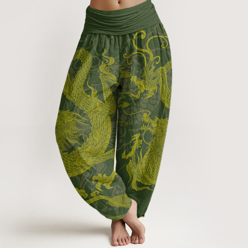 Nimara Ritual Cotton Dragon Auspicious Clouds Women's Elastic Waist Harem Pants