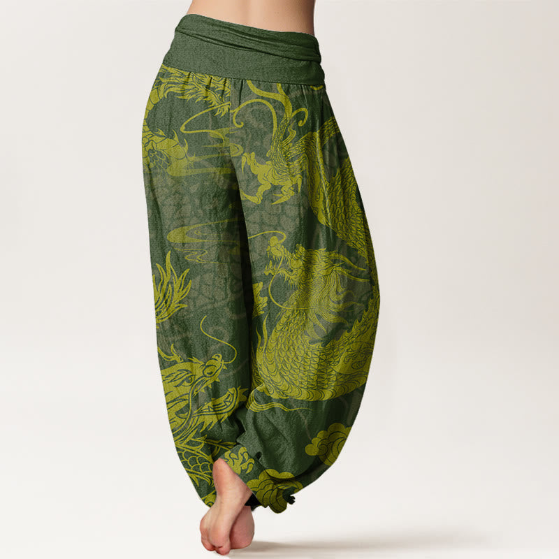 Nimara Ritual Cotton Dragon Auspicious Clouds Women's Elastic Waist Harem Pants