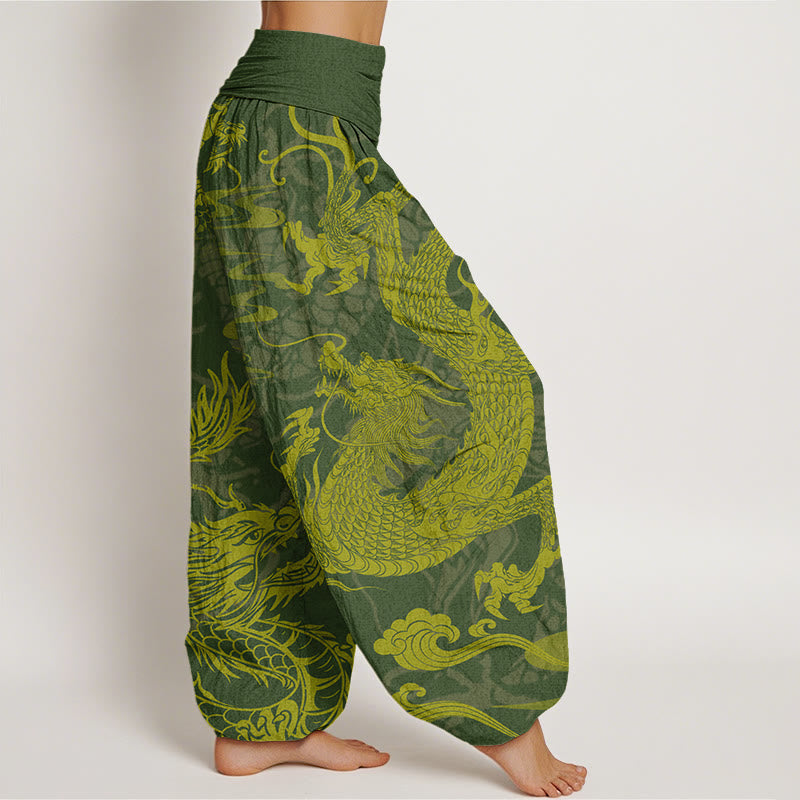 Nimara Ritual Cotton Dragon Auspicious Clouds Women's Elastic Waist Harem Pants