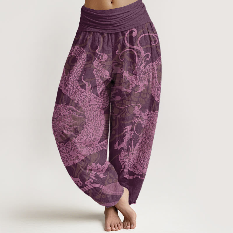 Nimara Ritual Cotton Dragon Auspicious Clouds Women's Elastic Waist Harem Pants