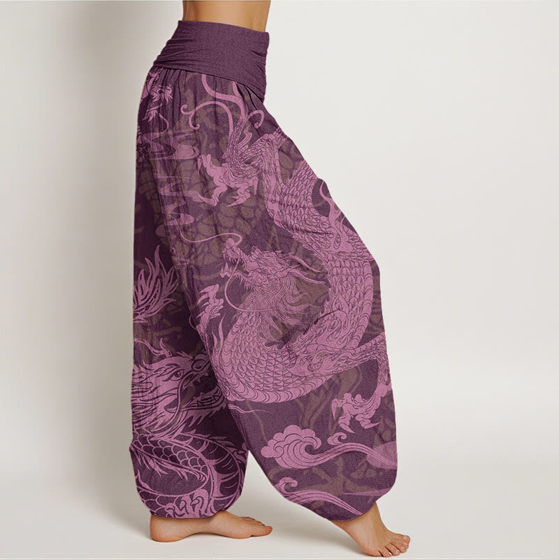 Nimara Ritual Cotton Dragon Auspicious Clouds Women's Elastic Waist Harem Pants