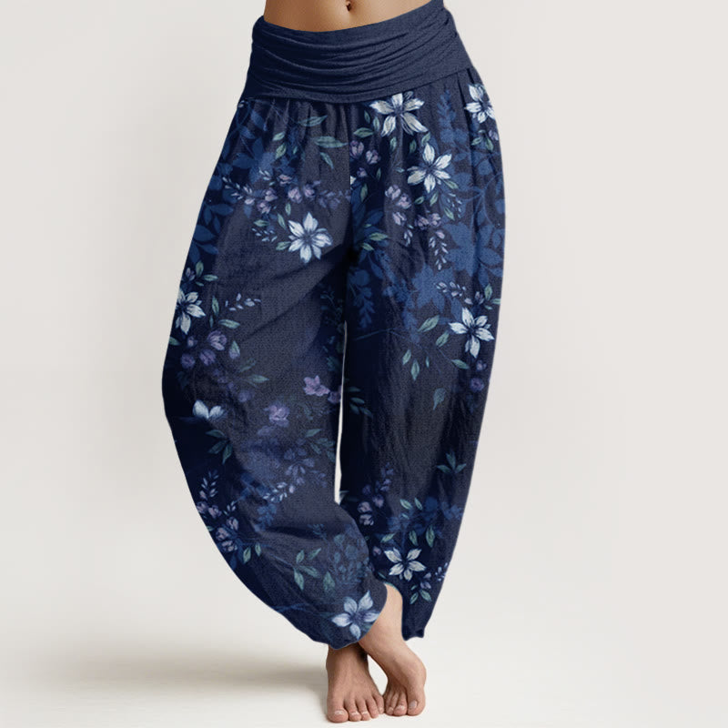 Nimara Ritual Cotton Small White Blossoms Green Leaves Women's Elastic Waist Harem Pants