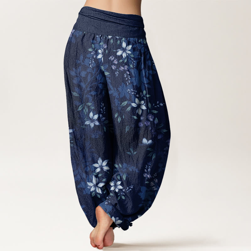 Nimara Ritual Cotton Small White Blossoms Green Leaves Women's Elastic Waist Harem Pants