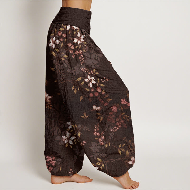Nimara Ritual Cotton Small White Blossoms Green Leaves Women's Elastic Waist Harem Pants