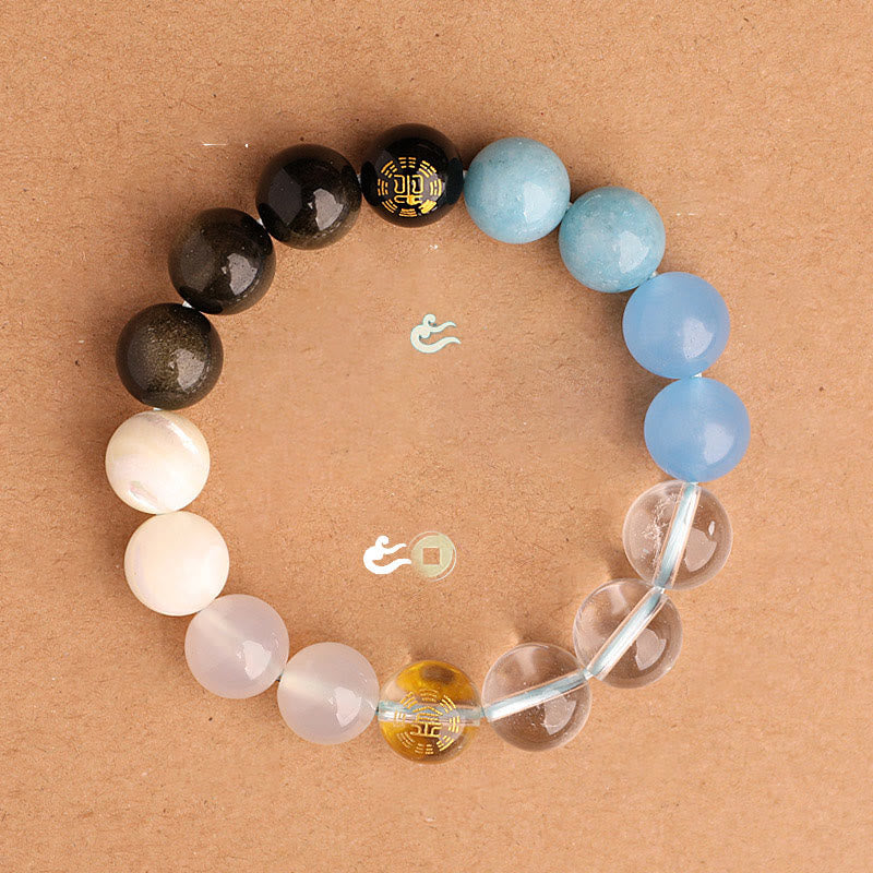 Nimara Ritual Five Elements Various Agate Crystal Black Onyx Green Chalcedony Aquamarine Wisdom Bracelet