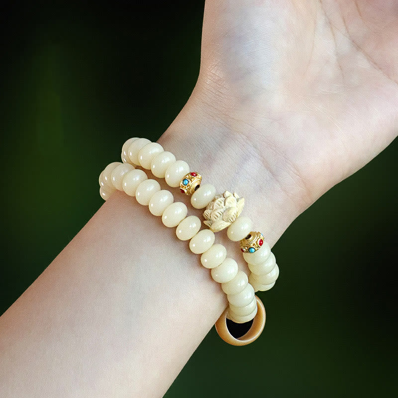 Nimara Ritual Bodhi Seed Peach Wood Lotus Wealth Double Wrap Bracelet
