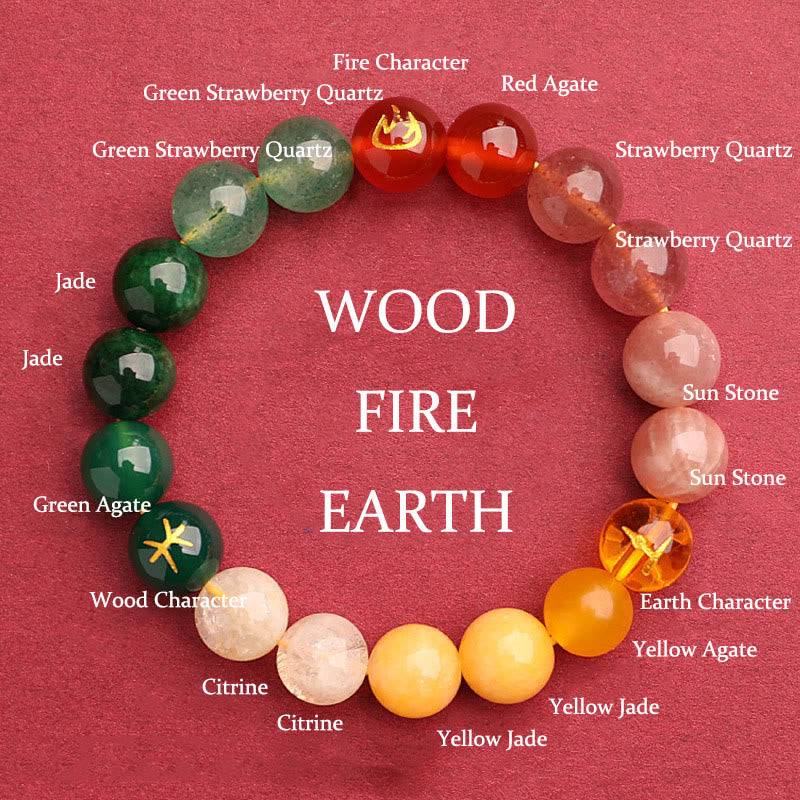 Nimara Ritual Five Elements Various Agate Crystal Green Strawberry Quartz Sun Stone Wealth Bracelet