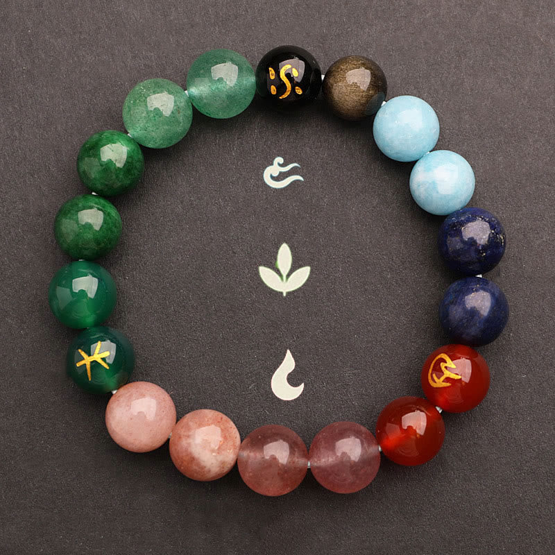 Nimara Ritual Five Elements Various Agate Crystal Green Strawberry Quartz Sun Stone Wealth Bracelet