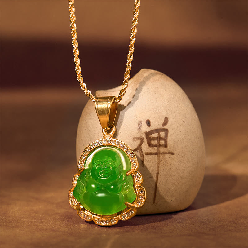 Nimara Ritual 18K Gold Filled Laughing Buddha Jade Luck Necklace Chain Pendant