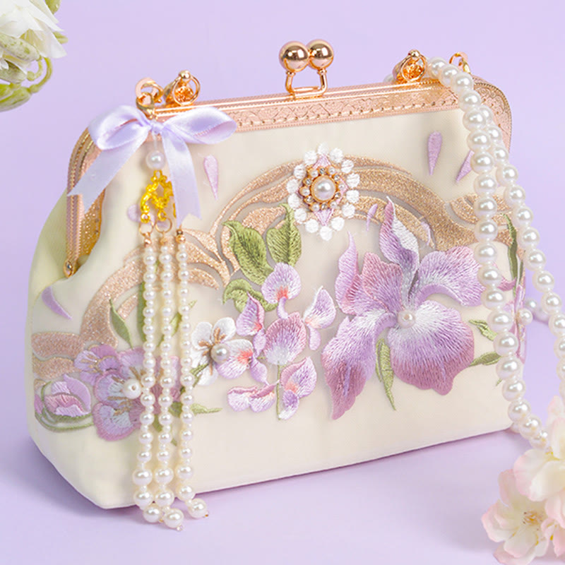 Nimara Ritual Flowers Embroidered Tassel Pendant Pearl Metal Chain Crossbody Bag Handbags