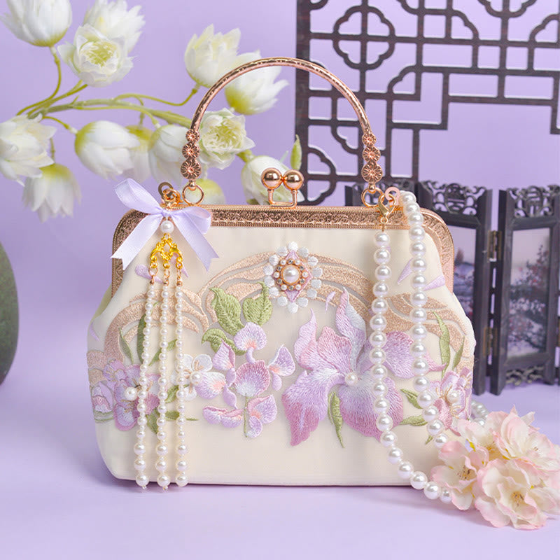 Nimara Ritual Flowers Embroidered Tassel Pendant Pearl Metal Chain Crossbody Bag Handbags