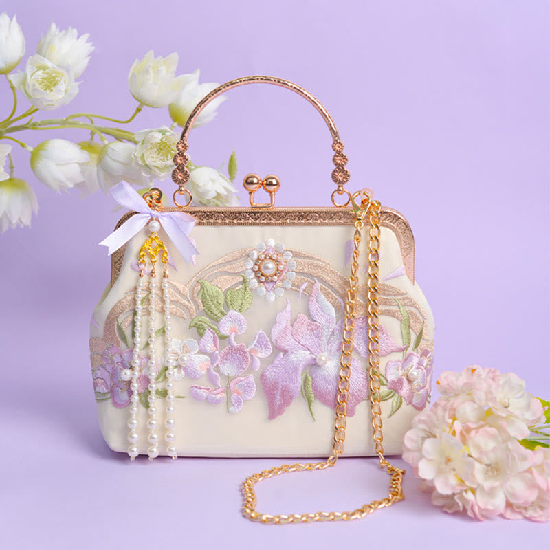 Nimara Ritual Flowers Embroidered Tassel Pendant Pearl Metal Chain Crossbody Bag Handbags
