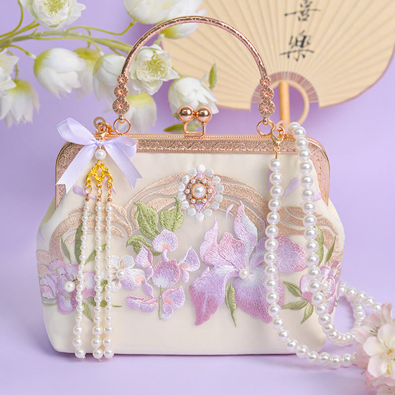 Nimara Ritual Flowers Embroidered Tassel Pendant Pearl Metal Chain Crossbody Bag Handbags