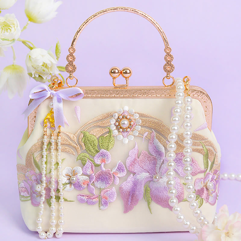 Nimara Ritual Flowers Embroidered Tassel Pendant Pearl Metal Chain Crossbody Bag Handbags