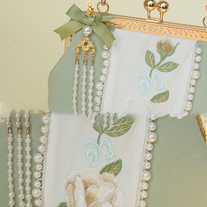 Nimara Ritual Double-sided Flowers Embroidery Pearl Pendant Metal Chain Crossbody Bag Handbags