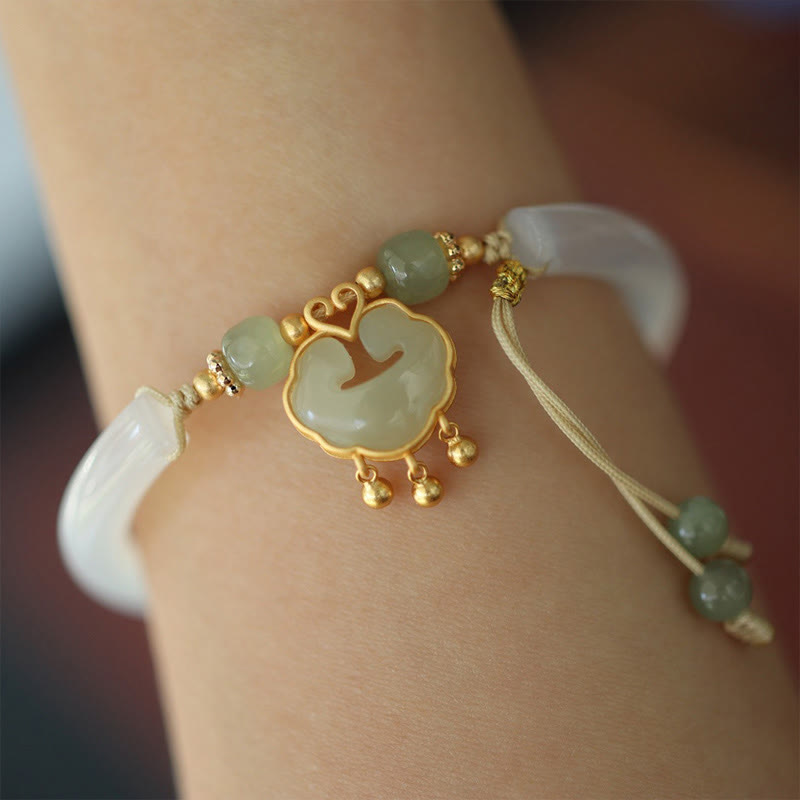 Nimara Ritual Chalcedony Hetian Jade 925 Sterling Silver Auspicious Cloud Ruyi Lock Harmony Cuff Half Bracelet Bangle
