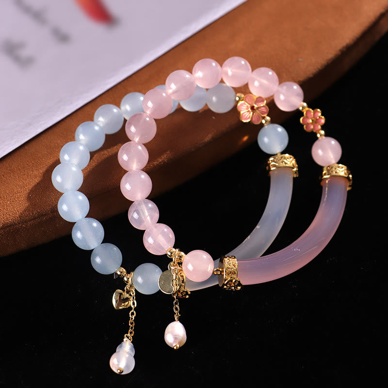 Nimara Ritual Pink Crystal Blue Chalcedony Pearl Cuff Half Bracelet Bangle