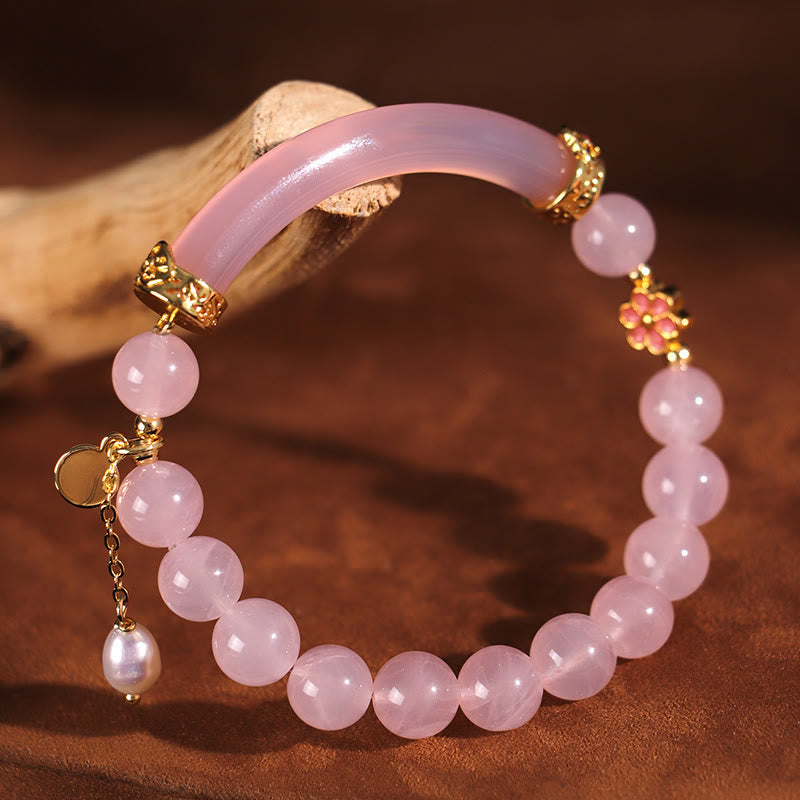 Nimara Ritual Pink Crystal Blue Chalcedony Pearl Cuff Half Bracelet Bangle