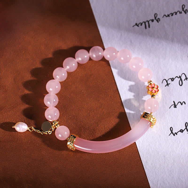 Nimara Ritual Pink Crystal Blue Chalcedony Pearl Cuff Half Bracelet Bangle
